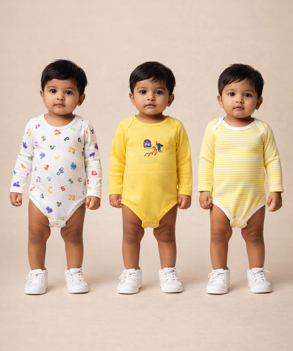 Boy & Girl Baby Long Sleeve Bodysuit | 100% Pure Cotton | Age 0-12 Months (Pack of 3 Combo)