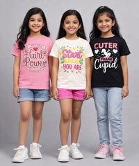 Girls Printed Casual Round Neck T-shirt (Pack of 3 Pieces)