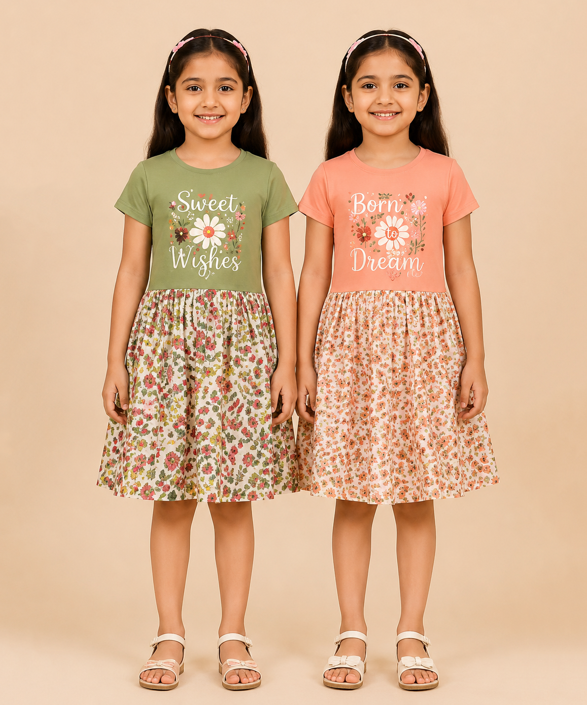Girls Printed Half Sleeve Cotton Contrast Frock Dress | Floral Knee Length Casual Wear for Kids | Age - 5 to 10 Years | (Pack of 2)