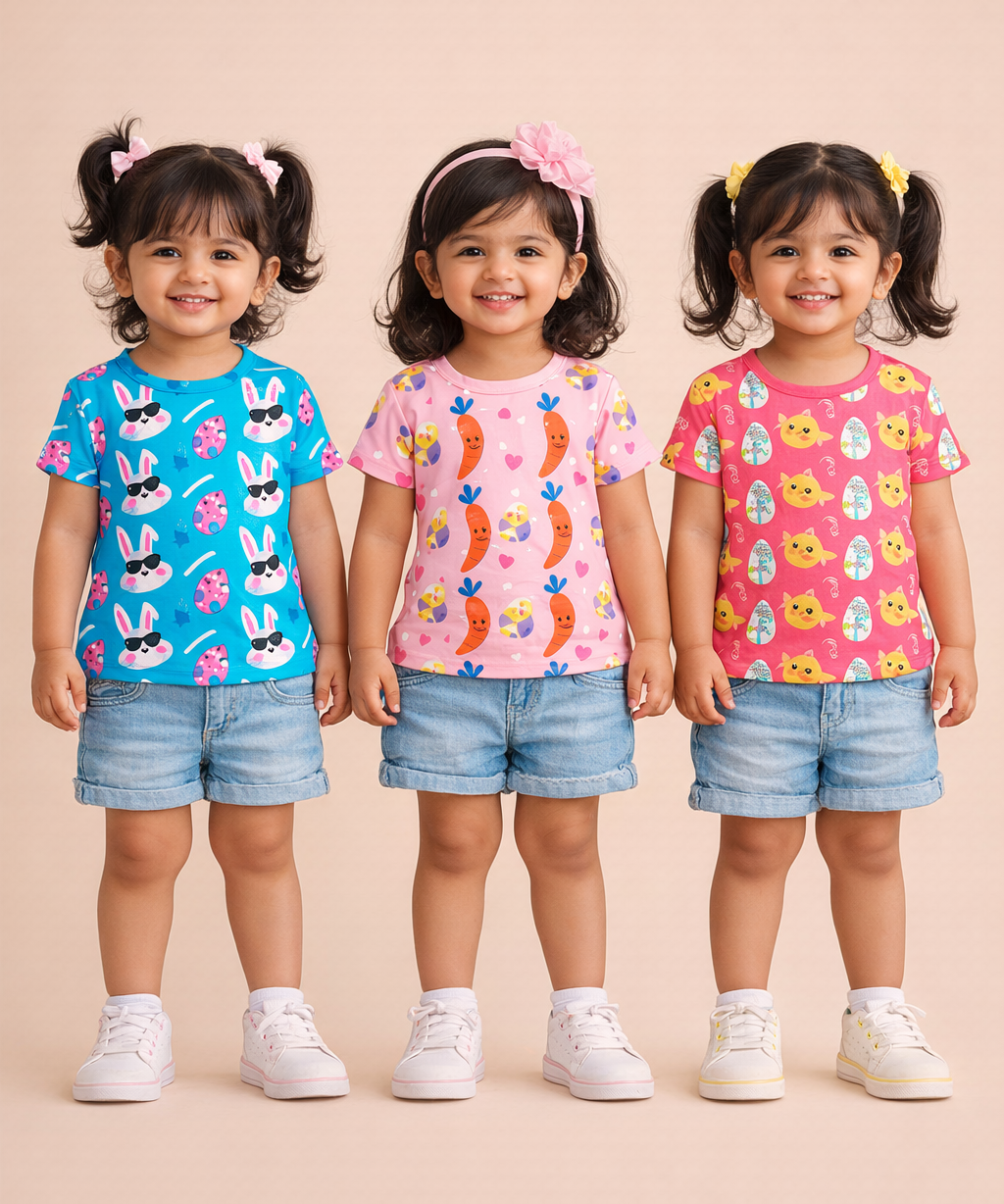 Kids Girls Cotton Printed T-shirt | 0 to 3 Years (Pack Of 3 Pieces)