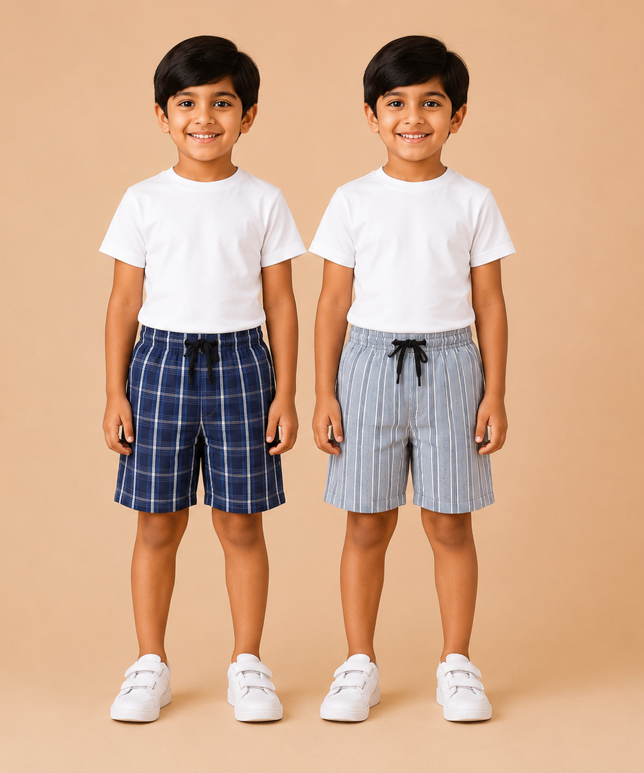 Kids Boys Checkered & Printed Cotton Shorts | Age - 5 to 10 Years | Soft Elastic Waist Casual Shorts | Combo Pack of 2 Pieces