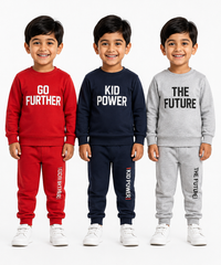 Boys Full Sleeve Cotton Winter Co-Ord Set | Typography Chest Printed Sweatshirt & Jogger Track Pant | Age 1 to 4 Years (Pack of 3 Sets)