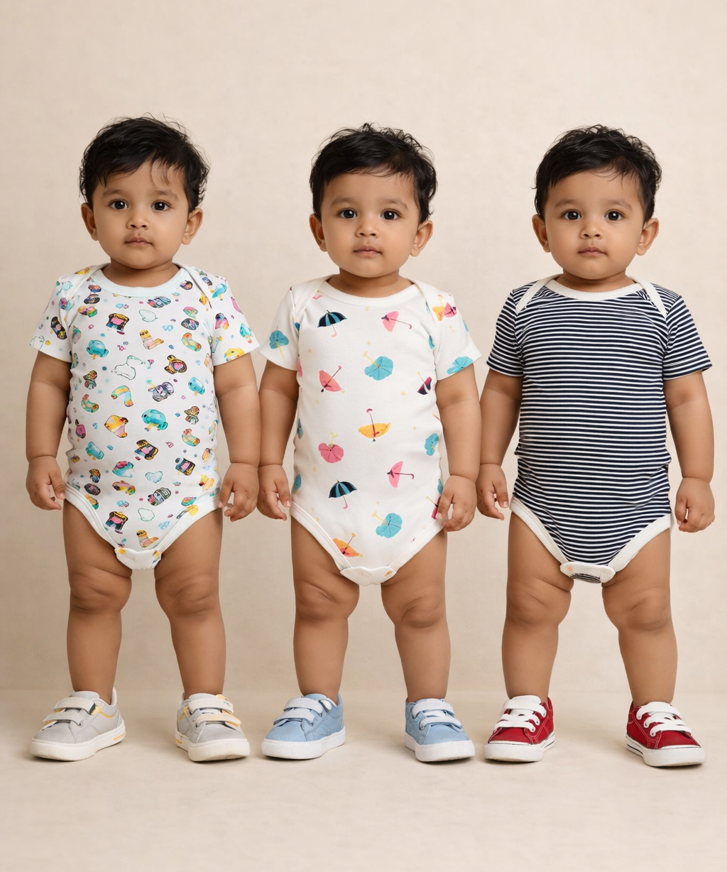 Boy & Girl Baby Half Sleeve Bodysuit | 100% Pure Cotton | Age 0-12 Months (Pack of 3 Combo)