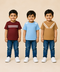 Kids Boys Popcorn Stripes Half Sleeve T-Shirt | Age 3 to 6 Years (Pack of 3 Pieces)