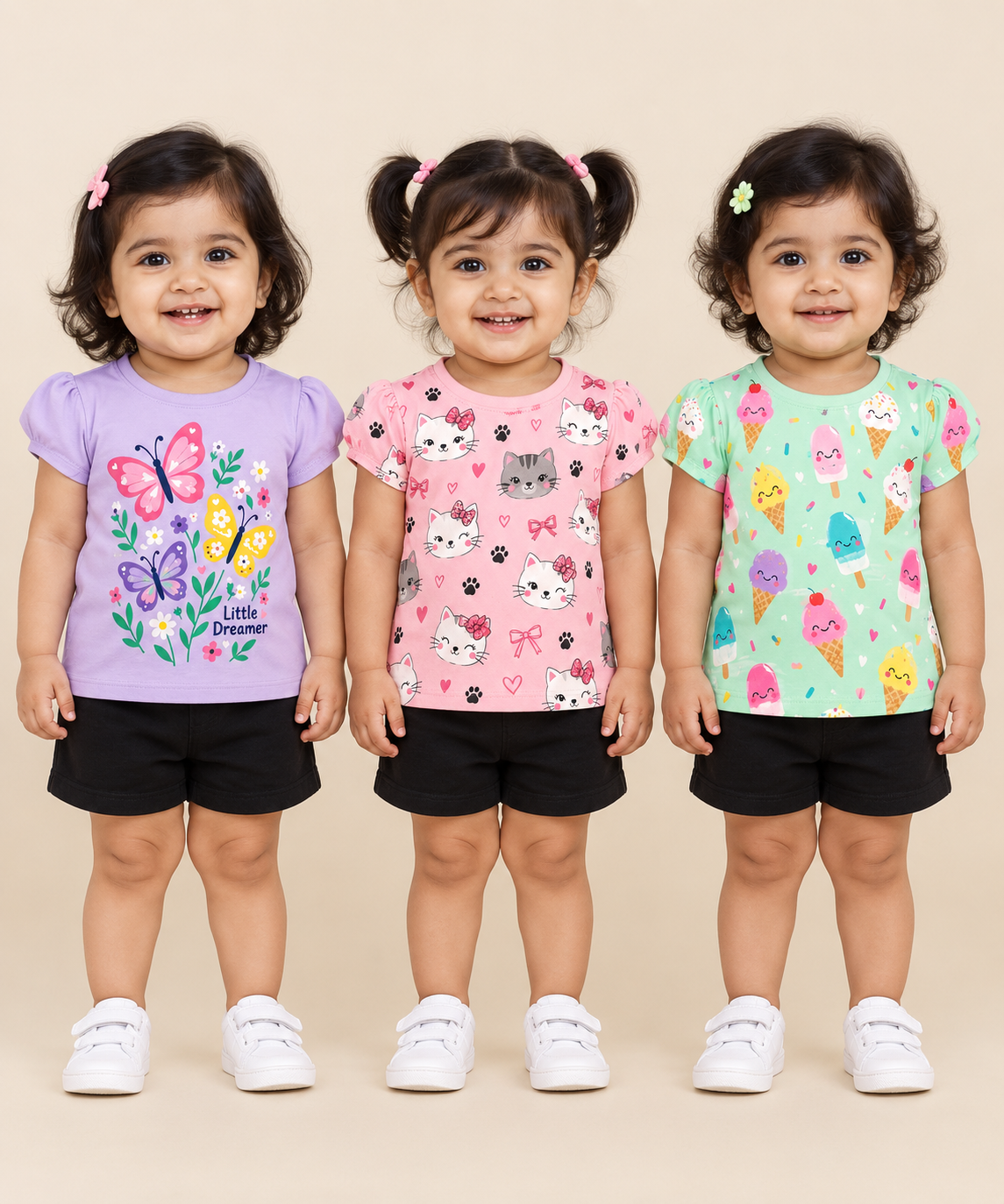 Baby Girls All Over Printed Cotton T-Shirt Multi Colour | Age 3 to 24 Months (Pack of 3 Pieces)