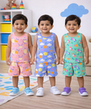 Boys Cotton Cartoon Printed Kids Sleeveless Set Combo | Age 0 to 3 Years | T-shirt & Shorts (Combo Set Pack of 3)