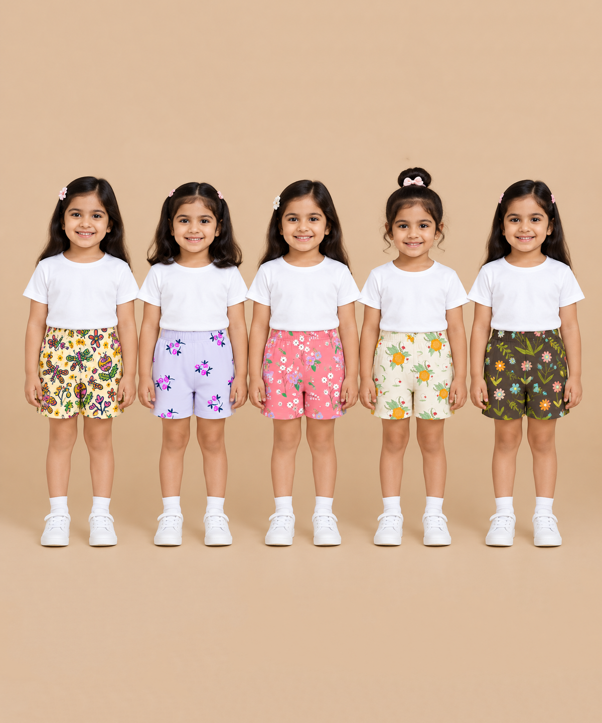 Girls Printed Cotton Shorts | Soft Elastic Waist Casual Shorts | Age 4 to 12 Years (Pack of 5 Pieces)
