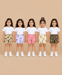 Girls Printed Cotton Shorts | Soft Elastic Waist Casual Shorts | Age 4 to 12 Years (Pack of 5 Pieces)