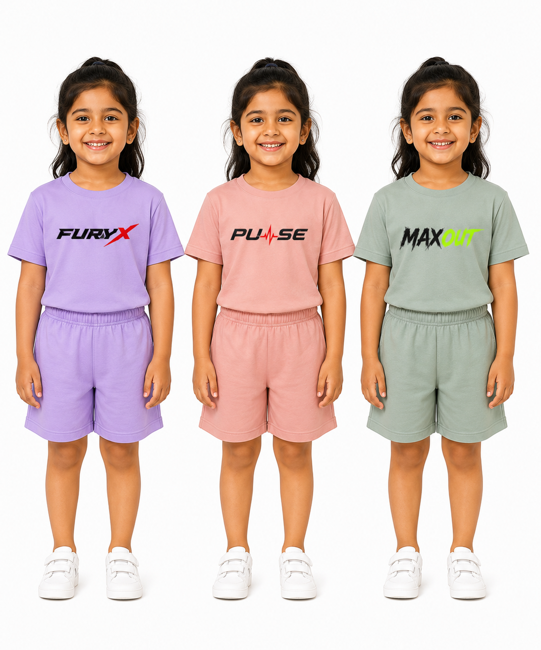 Kids Typography Print T-Shirt & Shorts Co-Ord Set for Girls | Age 6 Months-3 Years | Pack Of 3 Set Combo