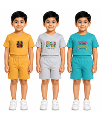Kids Cartoon Print T-Shirt & Shorts Co-Ord Set for Boys | Age 6 Months-3 Years | Pack Of 3 Set Combo