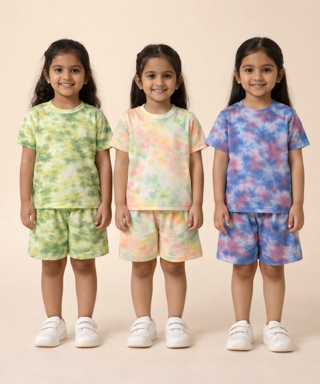 Kids Girls Tie-Dye Cloud Print Cotton T-Shirt & Shorts Co-ord Set | Pack of 3 Pieces | Age 1–4 Years