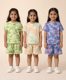 Kids Girls Tie-Dye Cloud Print Cotton T-Shirt & Shorts Co-ord Set | Pack of 3 Pieces | Age 1–4 Years