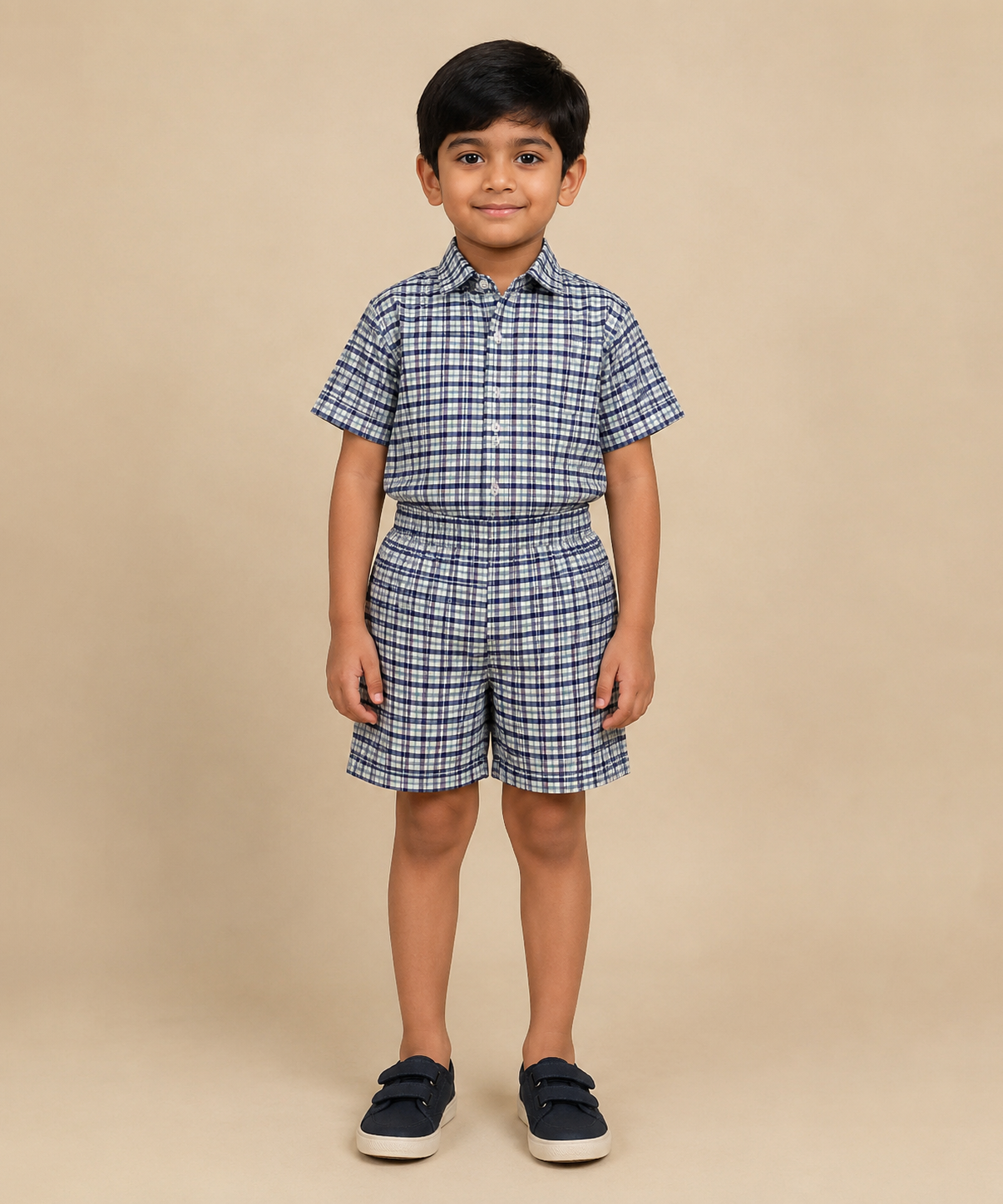 Polyester Checked Shirt and Shorts Set for Boy Kids Casual Wear Half Sleeve Co-Ord Set with Elastic Waist Shorts | Age 6 to 7 Years