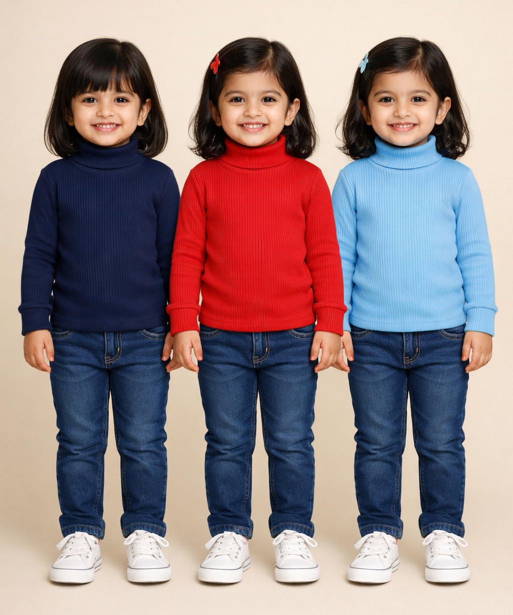 Kids Girls Full Sleeve Hi-Neck Plain Rib T-shirt | Age 0 to 5 Years (Pack of 3)