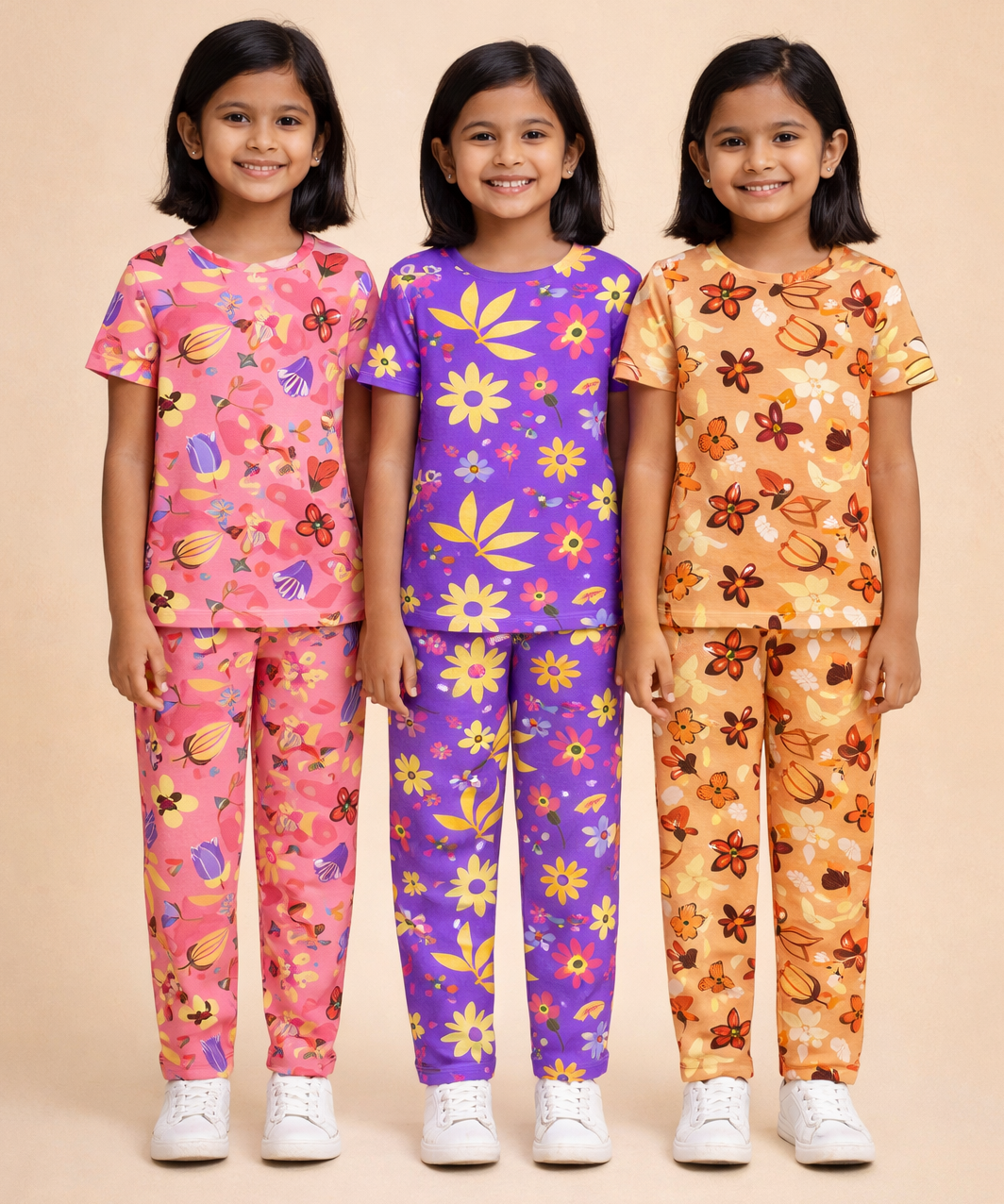Girl Kids All Over Printed Co-ord Set | Tshirt and Pant | Age 2 to 10 Years (Pack of 3 Sets)