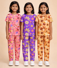Girl Kids All Over Printed Co-ord Set | Tshirt and Pant | Age 2 to 10 Years (Pack of 3 Sets)