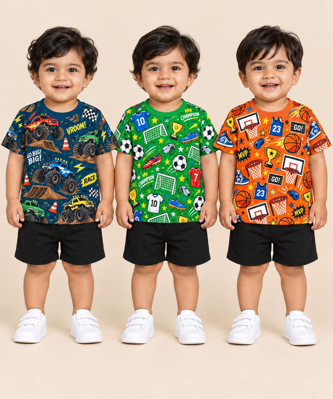 Baby Boys All Over Printed Cotton T-Shirt Multi Colour | Age 0 to 36 Months (Pack of 3 Pieces)