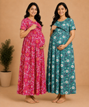 Maternity Feeding Maxi Dress | Nursing Friendly Nighty Style (Pack of 2 Pieces)