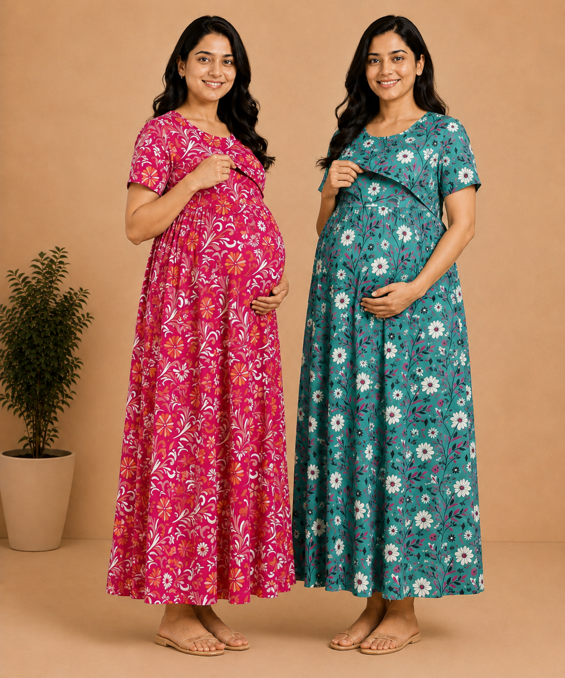 Maternity Feeding Maxi Dress | Nursing Friendly Nighty Style (Pack of 2 Pieces)