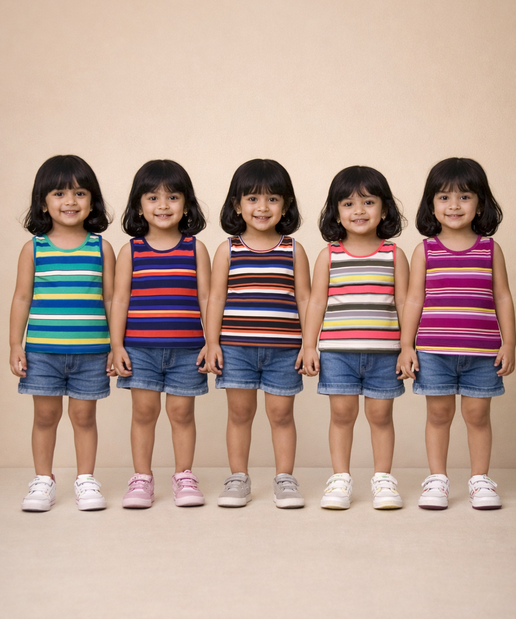 Cotton Stripes Kids Girls Sleeveless T-shirt (Pack of 5)