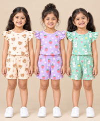 Girls All Over Printed | Flutter Sleeve Tshirt and Shorts Co-ord Set | Age 0 to 3 Years (Pack of 3 Sets)