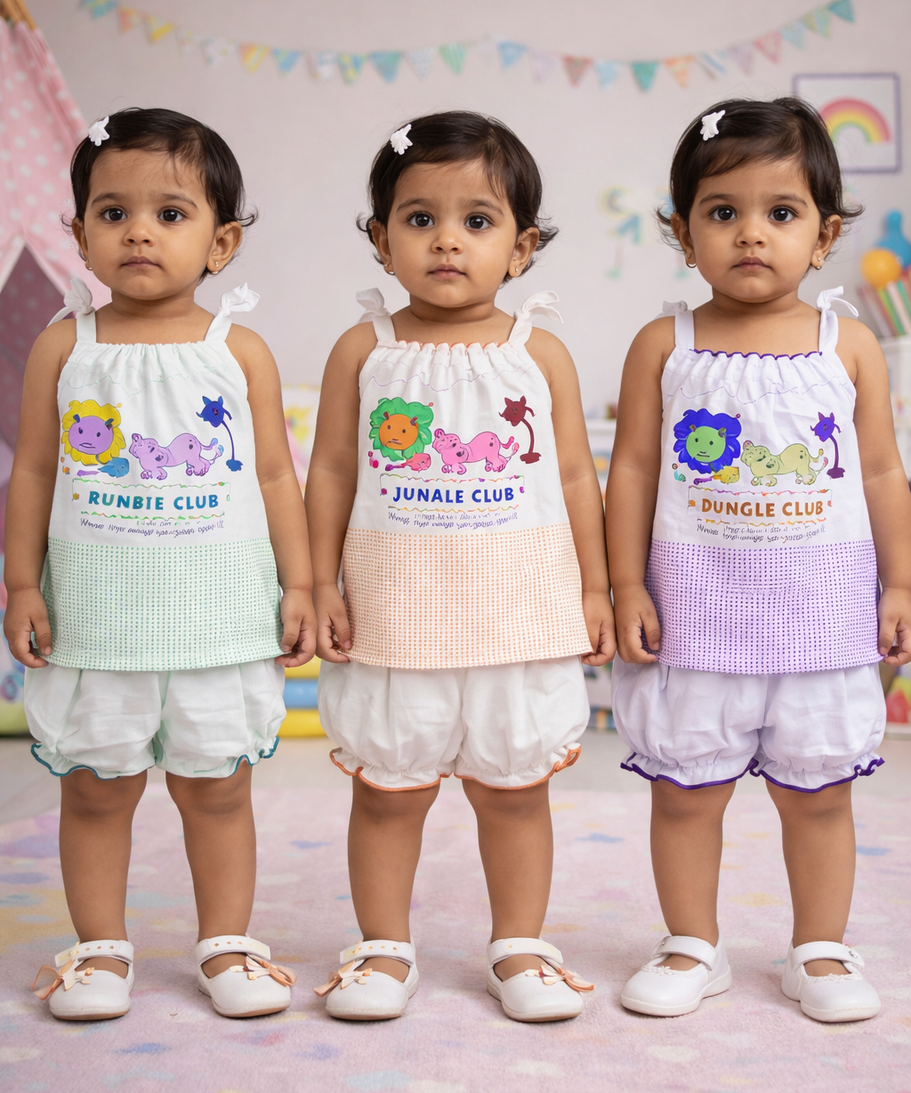 Boy & Girl Baby Printed Top Knot Dress | Top and Shorts Set | 100% Pure Cotton (Pack of 3 Sets Combo)