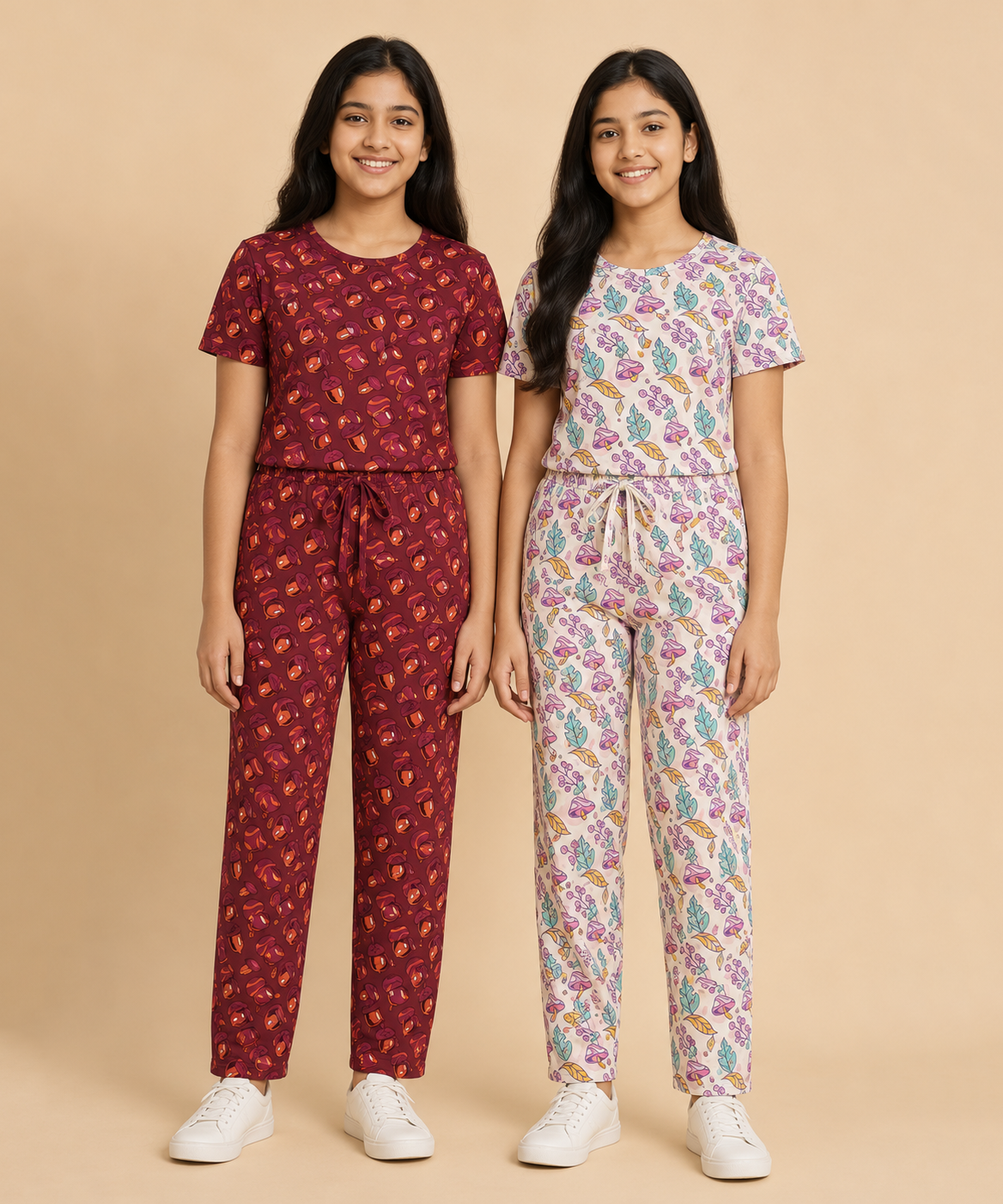 Girls Cotton All-Over Printed T-Shirt & Full-Length Pant Night Suit | Age - 9 to 15 Years | Pack of 2 Sets