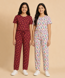 Girls Cotton All-Over Printed T-Shirt & Full-Length Pant Night Suit | Age - 9 to 15 Years | Pack of 2 Sets