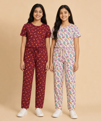 Girls Cotton All-Over Printed T-Shirt & Full-Length Pant Night Suit | Age - 9 to 15 Years | Pack of 2 Sets