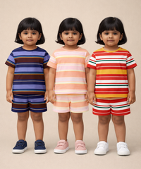 Girls Cotton Stripes Kids Co-ord Set Combo / Age 1-4 Years | T-shirt & Shorts (Combo Set Pack of 3)