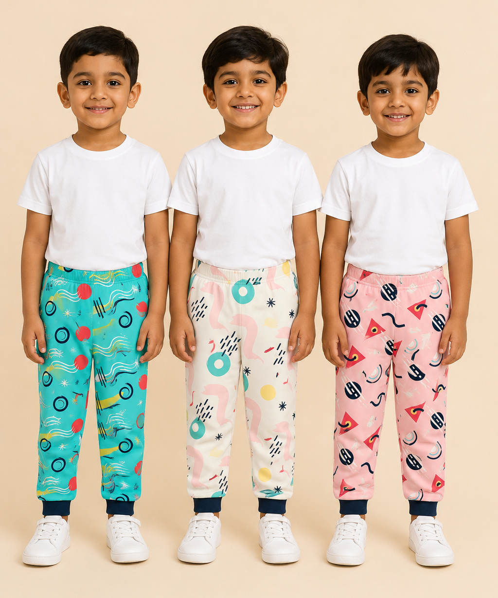 Kids Printed Cotton Track Pants for Boys | Soft Elastic Waist Full Length Joggers | Age 6 Months-5 Years | Pack of 3 Pieces