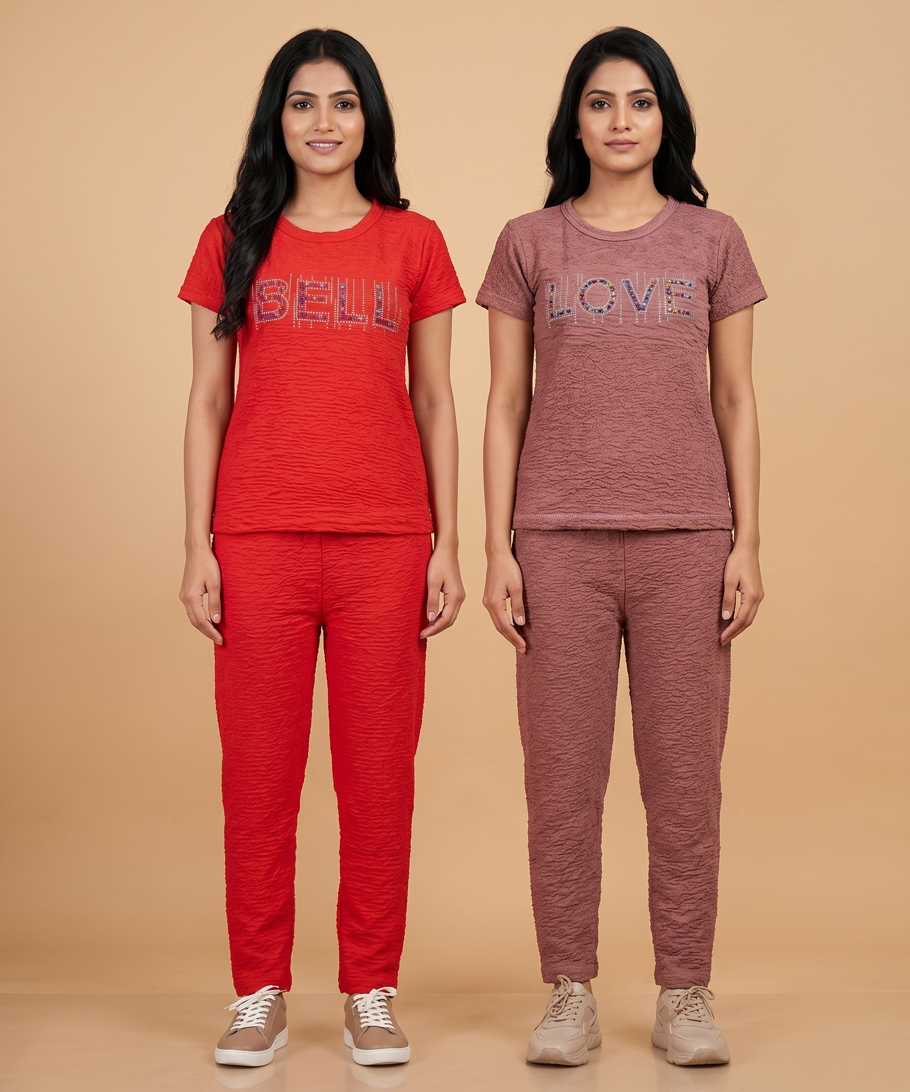 Women Textured Polyester Co-ord Set | Half Sleeve Top & Pants | Pack of 2 Set Combo
