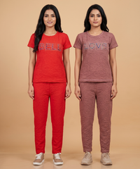 Women Textured Polyester Co-ord Set | Half Sleeve Top & Pants | Pack of 2 Set Combo