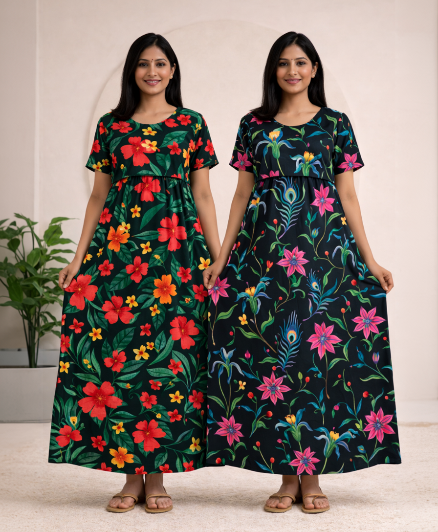 Maternity Feeding Maxi Dress | Nursing Friendly Nighty Style (Pack of 2 Pieces)
