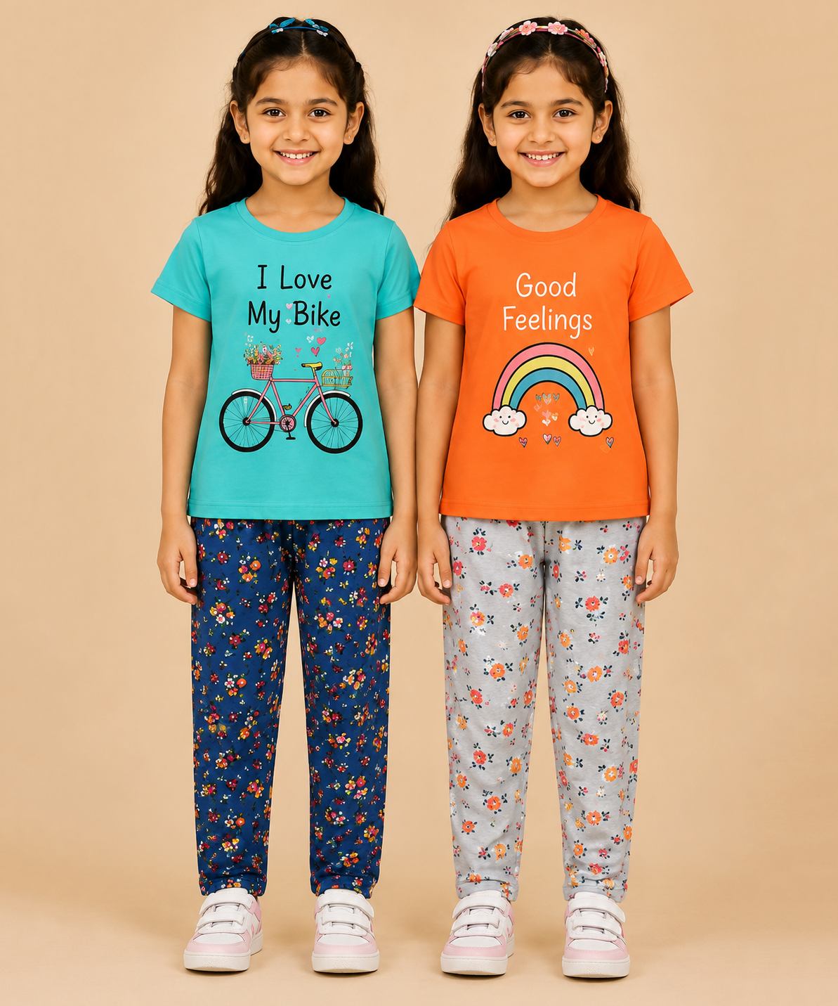 Girls Printed Cotton Night Suit Combo | Graphic Printed T-Shirts & Floral Night Pant | Age-2 to 6 Years | Pack Of 2 Sets