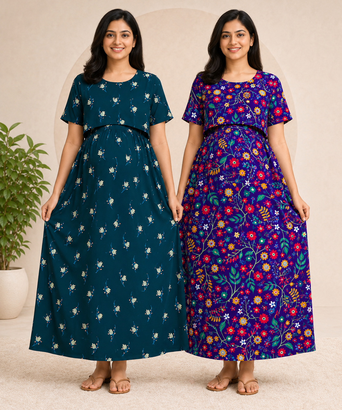Maternity Feeding Maxi Dress | Nursing Friendly Nighty Style (Pack of 2 Pieces)