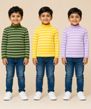 Kids Boys Full Sleeve Hi-Neck Stripes Rib T-shirt | Age 9 to 24 Months | Pack of 3 Pieces