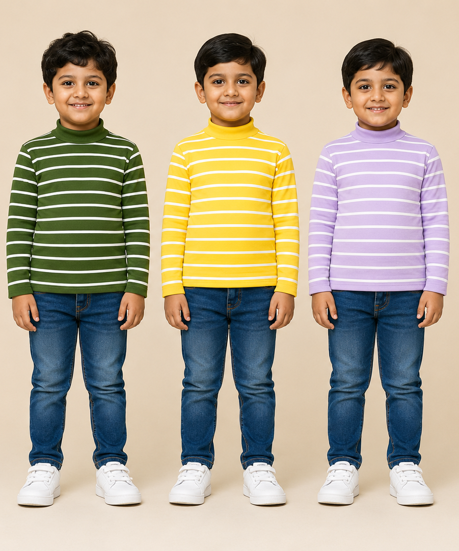 Kids Boys Full Sleeve Hi-Neck Stripes Rib T-shirt | Age 9 to 24 Months | Pack of 3 Pieces