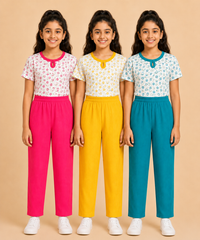 Girls Cotton Printed T-Shirt with Vertical Textured Lines Full-Length Pant Nightwear | Age 8 to 15 Years (Pack Of 3 Sets)