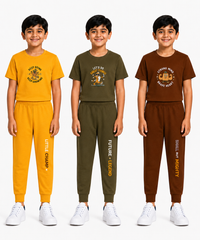 Boys Graphic Printed T-Shirt & Typography Track Pant Co-Ord Set | Age 2-5 Years | Pack Of 3 Set