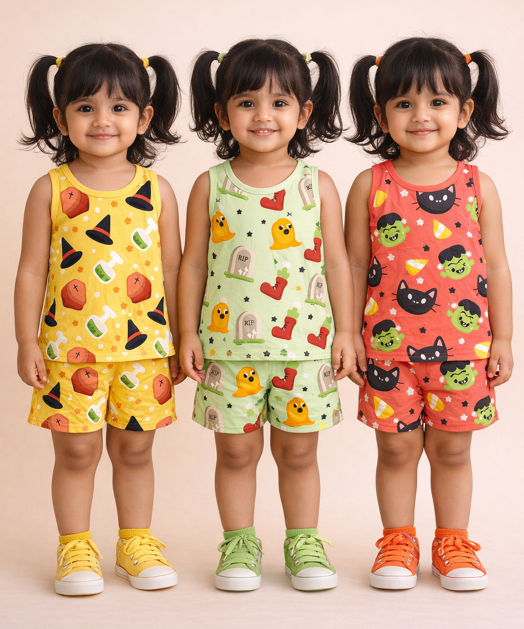 Girls Cotton Cartoon Printed Kids Sleeveless Set Combo | Age 0 to 3 Years | Sleeveless T-shirt & Shorts Co-ord Set (Pack of 3 Sets)