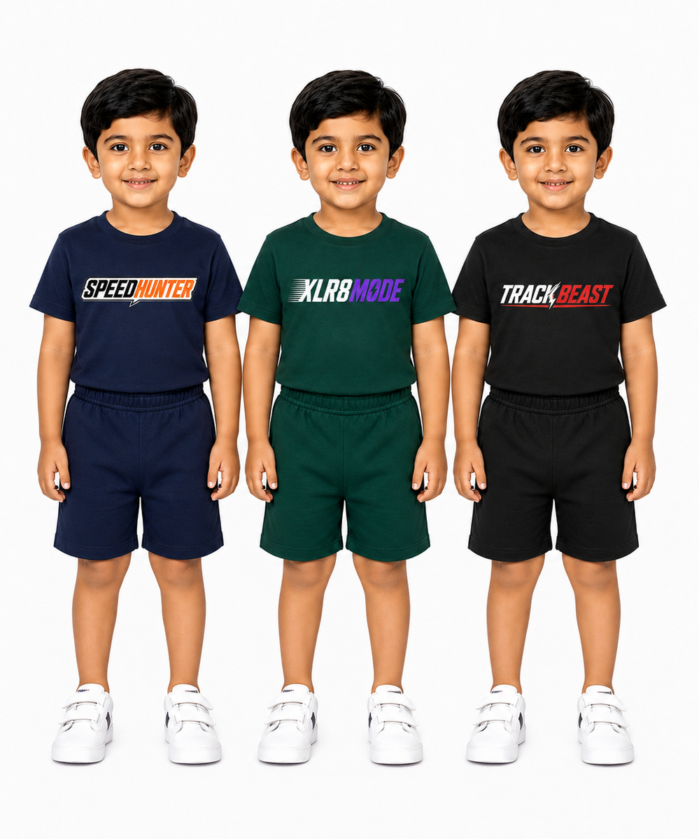Kids Typography Print T-Shirt & Shorts Co-Ord Set for Boys | Age 6 Months-3 Years | Pack Of 3 Set Combo
