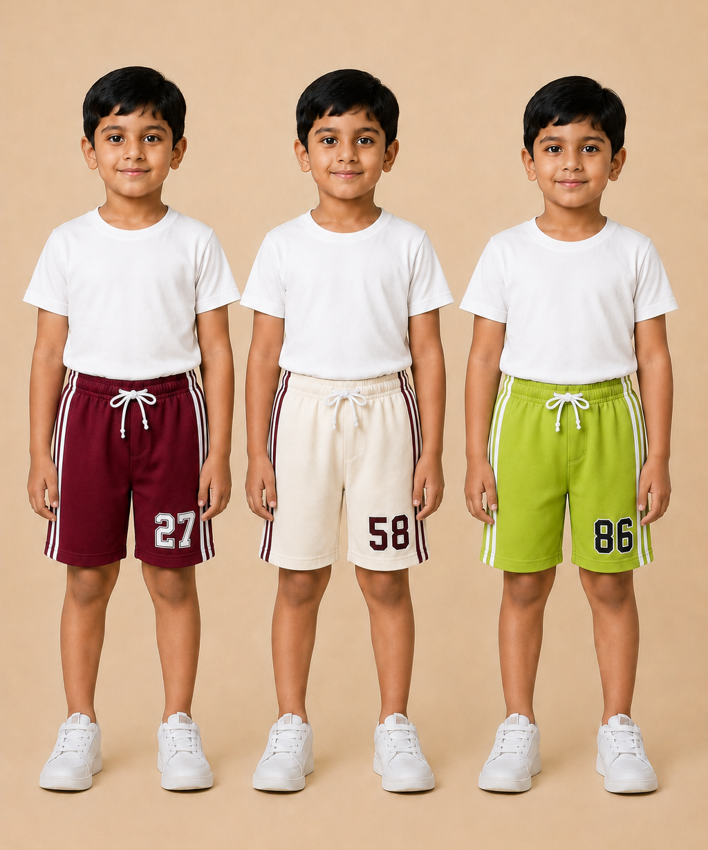 Kids Double Side Stripe Sports Shorts | Cotton Casual Shorts for Boys | Age 6-9 Years | Pack Of 3 Pieces Combo