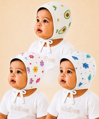 Baby Muslin Cotton Printed Bonnet Cap with Chin Tie – Soft & Comfortable Infant Headwear | 0–12 Months (Pack of 3)