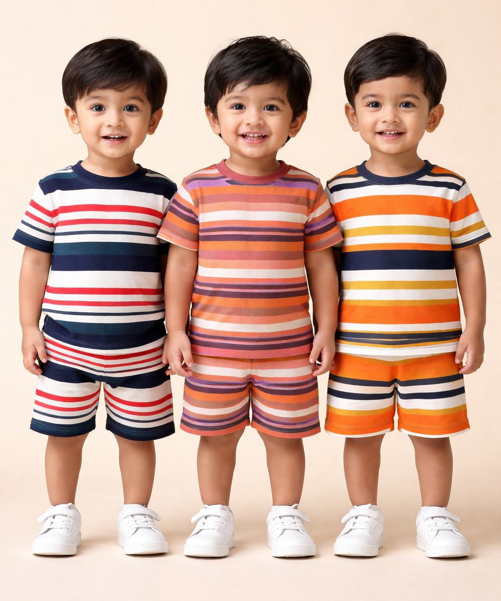 Boys Cotton Stripes Kids Co-ord Set Combo / Age 1-4 Years | T-shirt & Shorts (Combo Set Pack of 3)