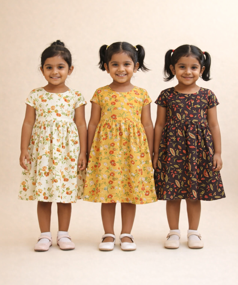 Girl Kids Frock 100% Cotton Floral Printed Gown Dress/Frock Dress | Age 1 to 8 Years (Pack of 3 Pieces)