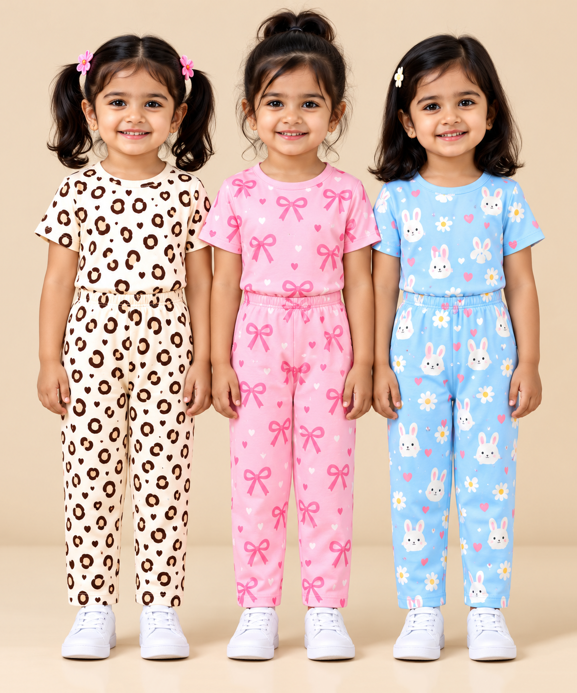 Girl Kids All Over Printed Tshirt and pant Co-ord Set | Age 6 Months to 4 Years (Pack of 3 Sets)