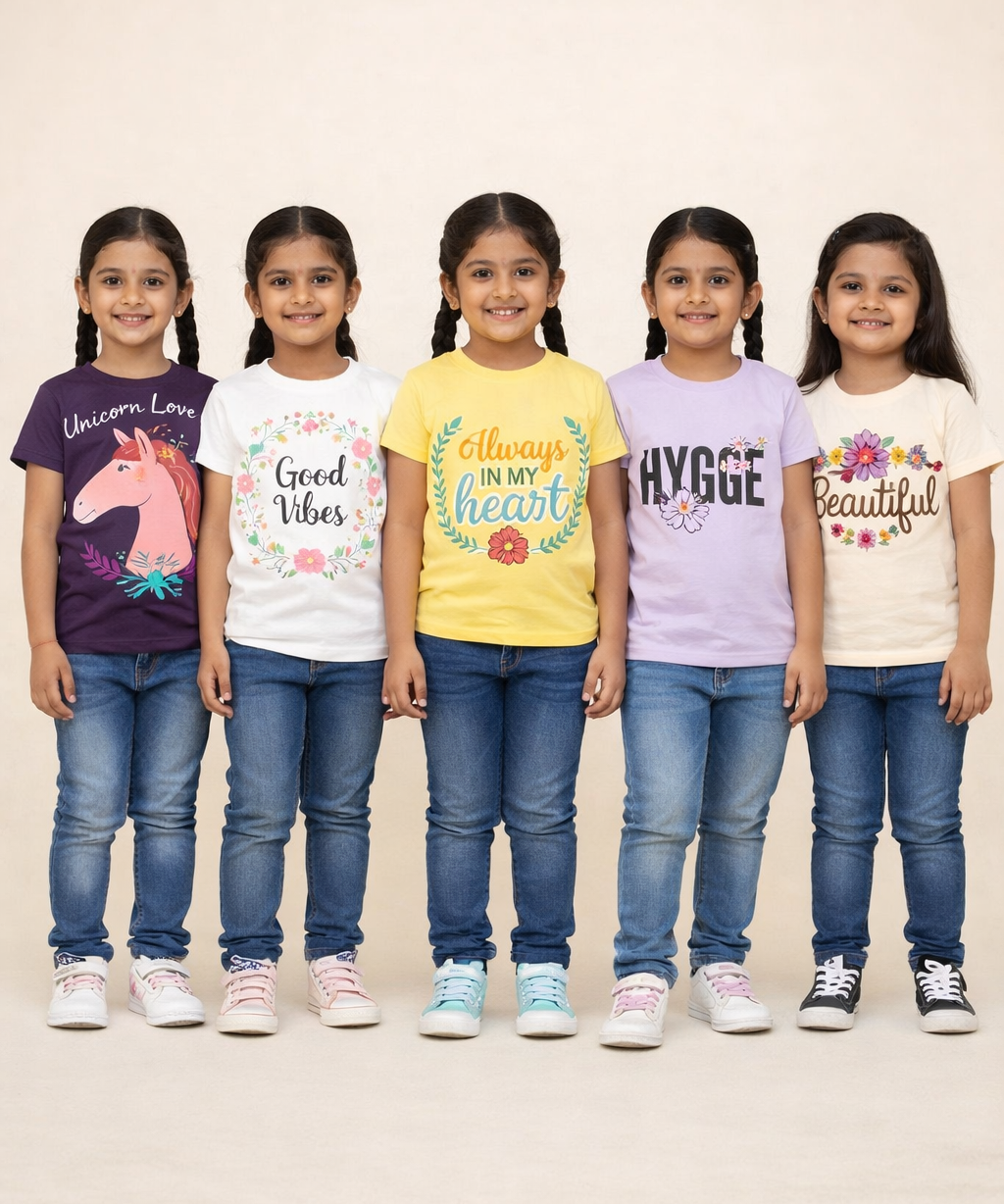 Cotton Half Sleeve Girls T-shirt Front Printed Multi Color | Age 2 to 7 Years (Pack of 5 Pieces)