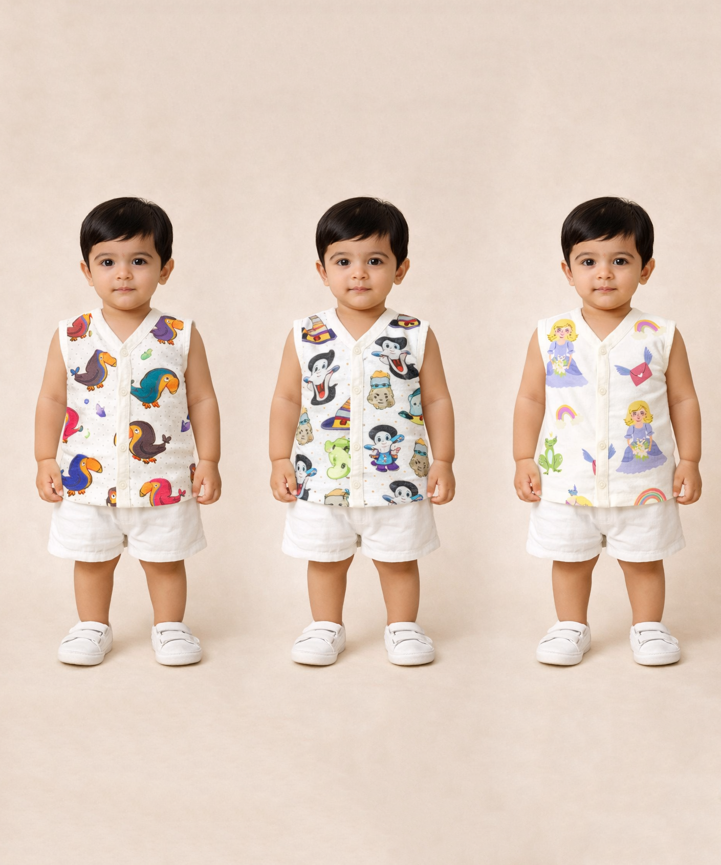 Baby Boys Sleeveless Muslin Cotton Printed Jebla Vest | 3–6 Months (Pack of 3)