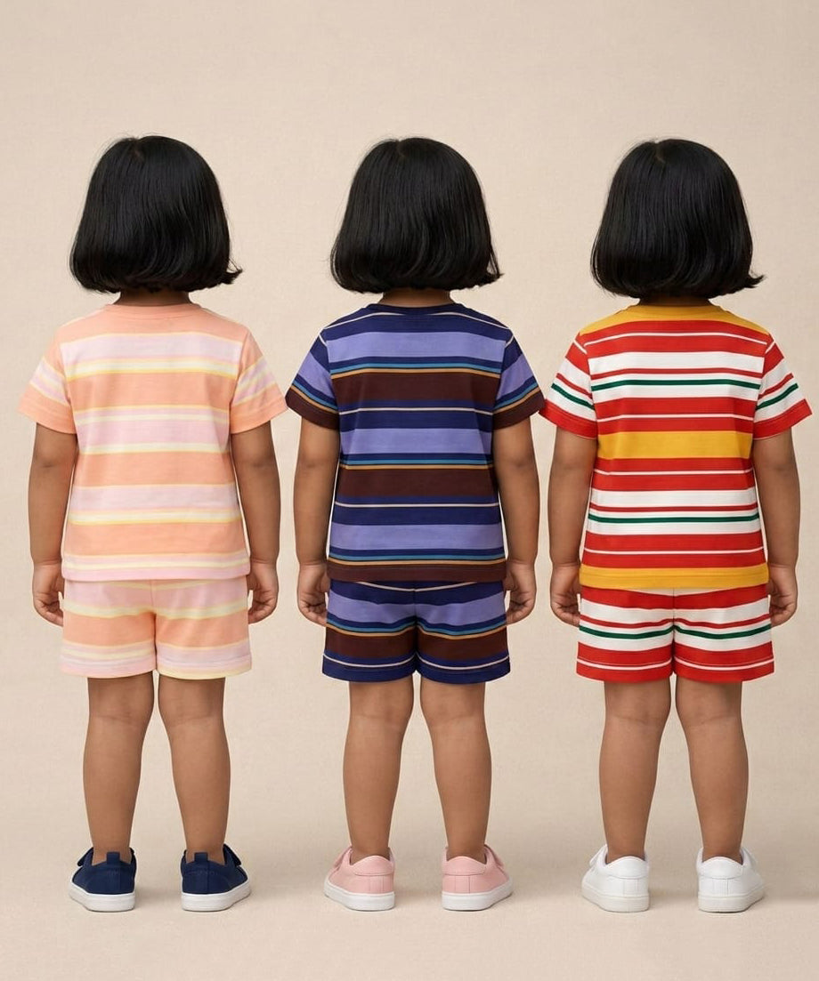 Girls Cotton Stripes Kids Co-ord Set Combo / Age 0-4 Years | T-shirt & Shorts (Combo Set Pack of 3)